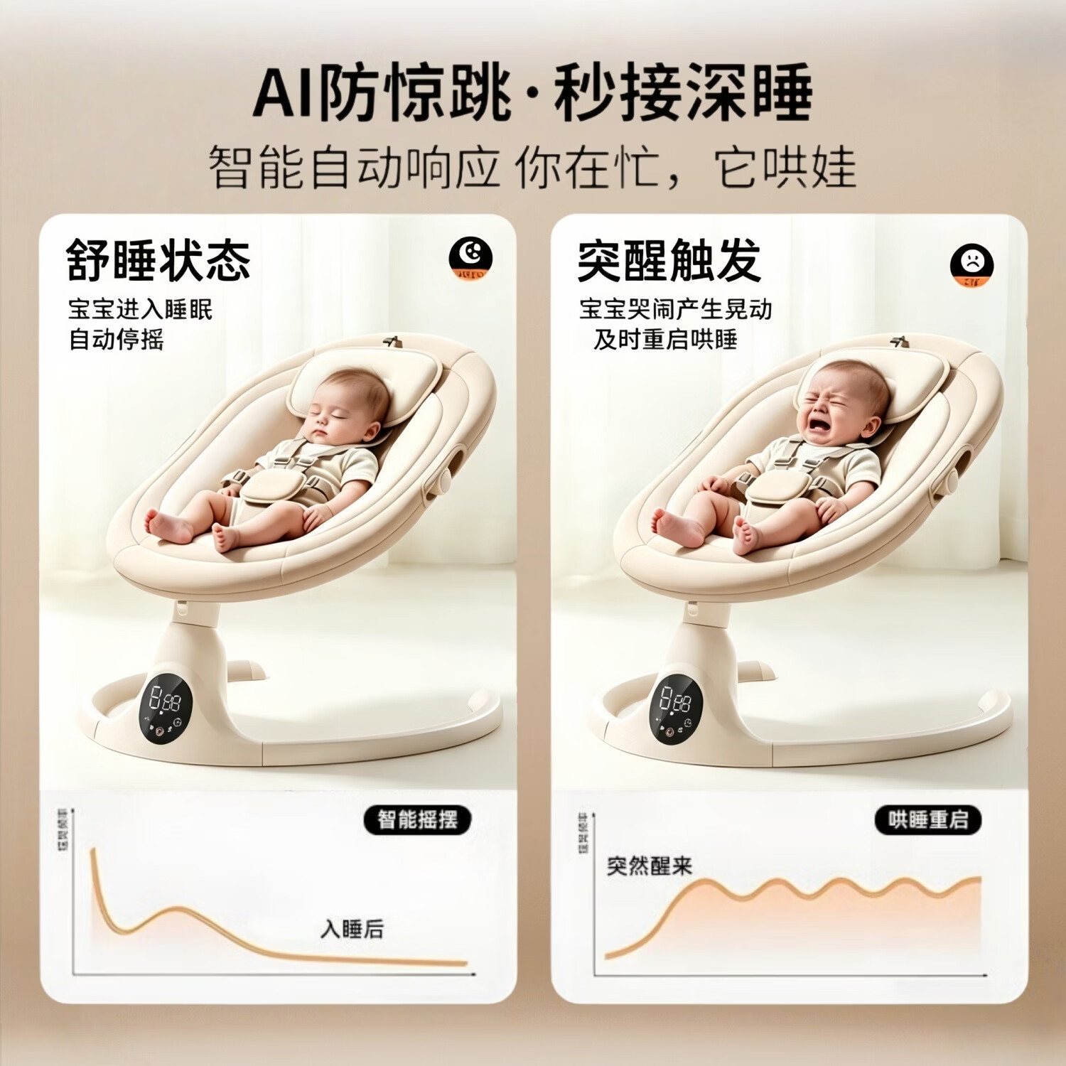 钰幸婴儿摇摇椅电动哄睡摇篮床新生儿见面礼0-9个月哄娃神器宝宝摇椅 礼盒装【蚊帐+APP+蓝牙+玩偶+头枕】奶油杏