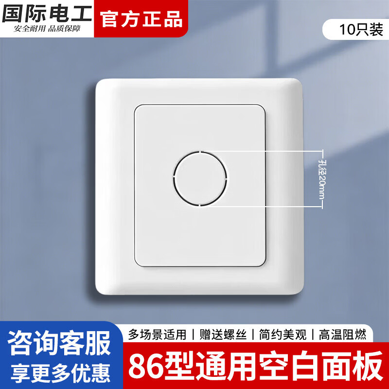国际电工86型空白面板带孔二合一背景墙暗盒堵洞挡板家装工程装饰遮挡盖板 10只装【配螺丝】86型带孔空白板