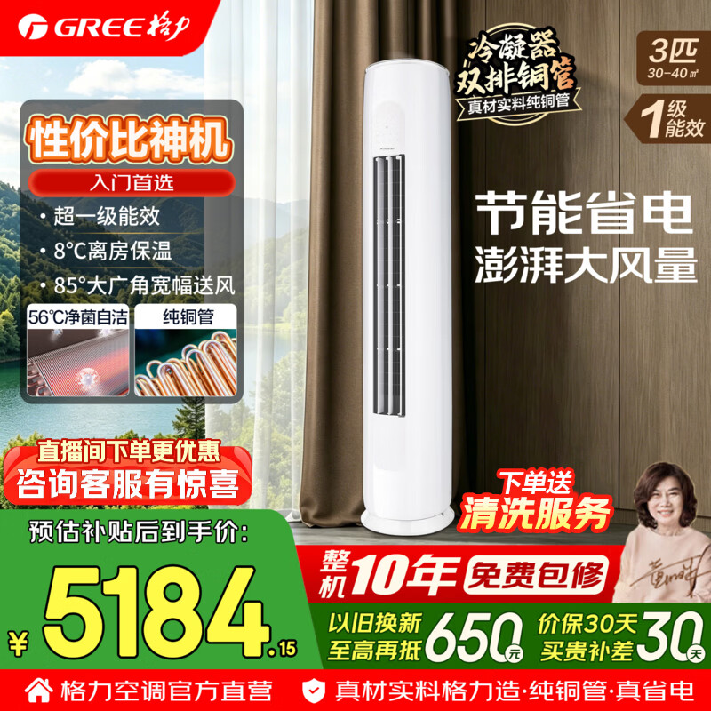 格力空调柜机3匹新一级能效变频冷暖双排铜管省电神机自清洁新款家用客厅立式空调立柜式国家补贴 3匹 天仪 性价比神机