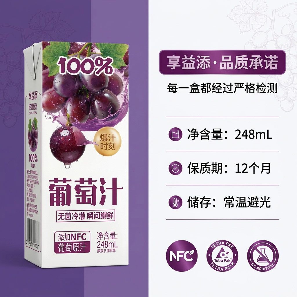 禾丰光华&享益添 NFC 葡萄汁鲜果冷榨原汁原味果味浓郁户外便携聚会送礼 葡萄汁248mL*10盒