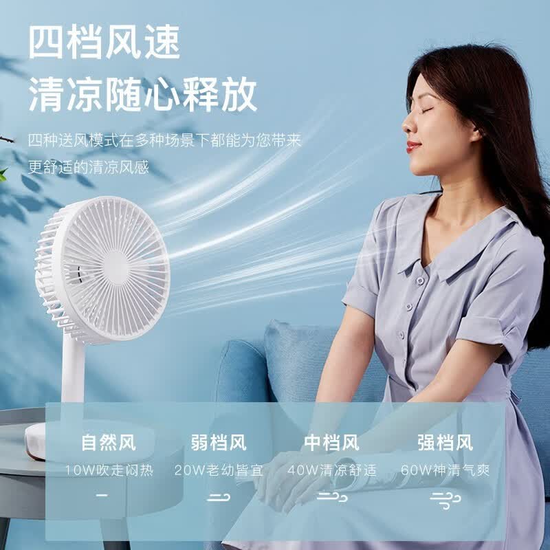 HYUNDAI风宝USB小风扇空气循环扇家用风扇台式电风扇小型轻音节能对流换气扇桌面风扇办公室学生小型电扇 雪山白【摇头款+充插两用+4000毫安】