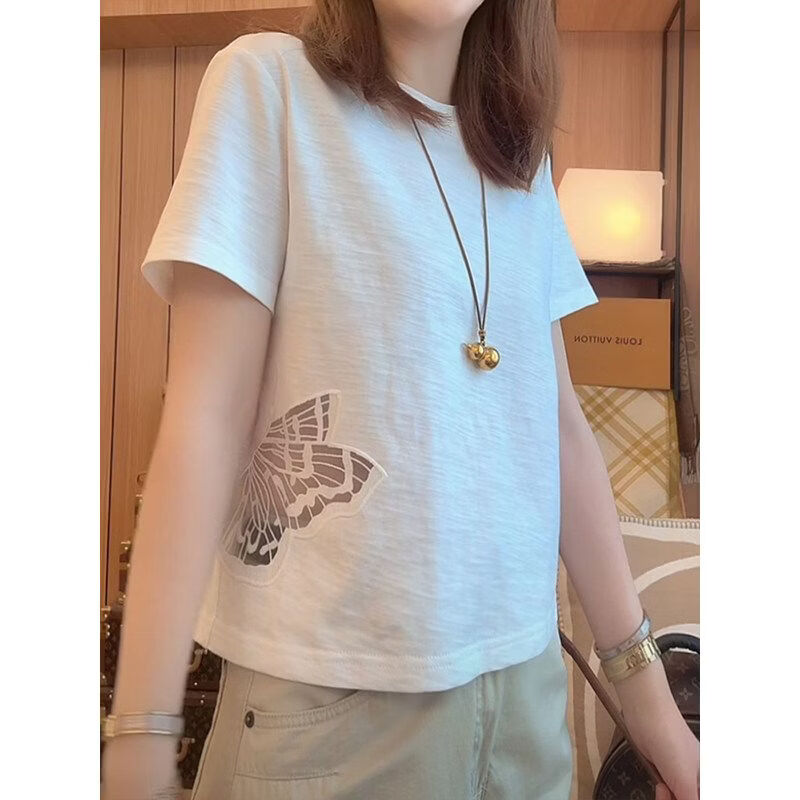 设计感蝴蝶镂空短袖T恤女夏季2026新款独特别致漂亮显瘦百搭上衣 白色 XL 118-130斤
