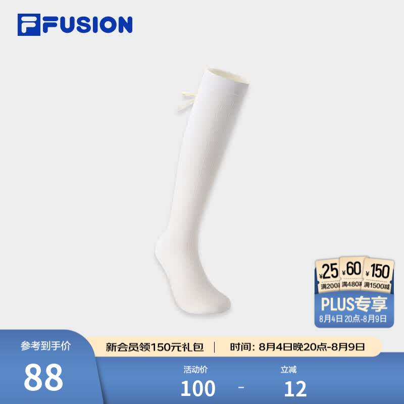 FILA FUSION斐乐潮牌女袜及膝袜2026秋季新款蝴蝶结小腿袜运动袜 云白色-WT S