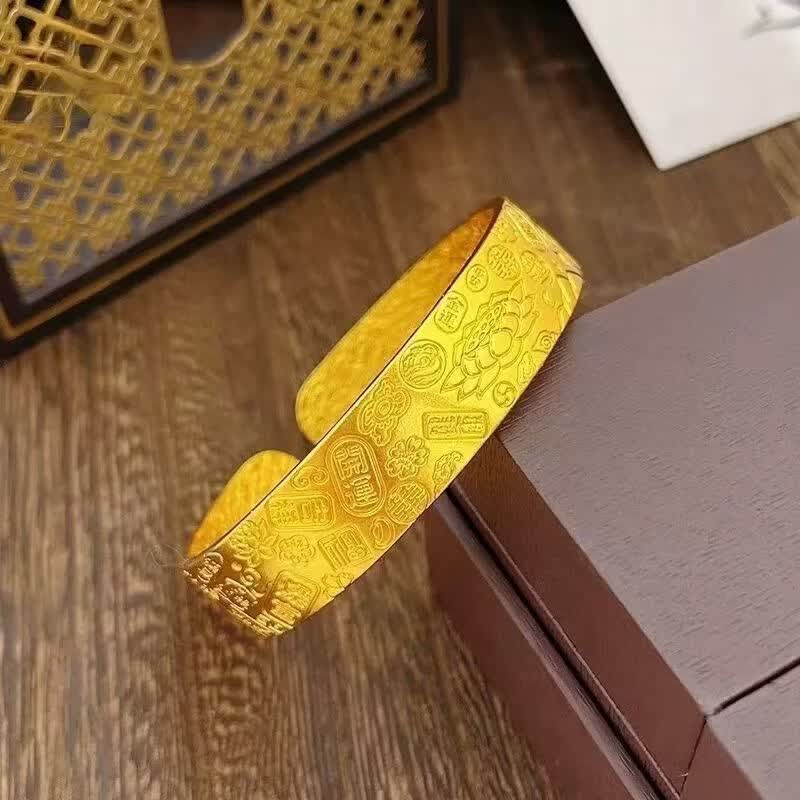 新款錾刻宽面吉言八宝莲花开口手镯复古女手环女款加宽送老婆ZX 【吉言八宝莲花开口手镯】赠精美礼盒