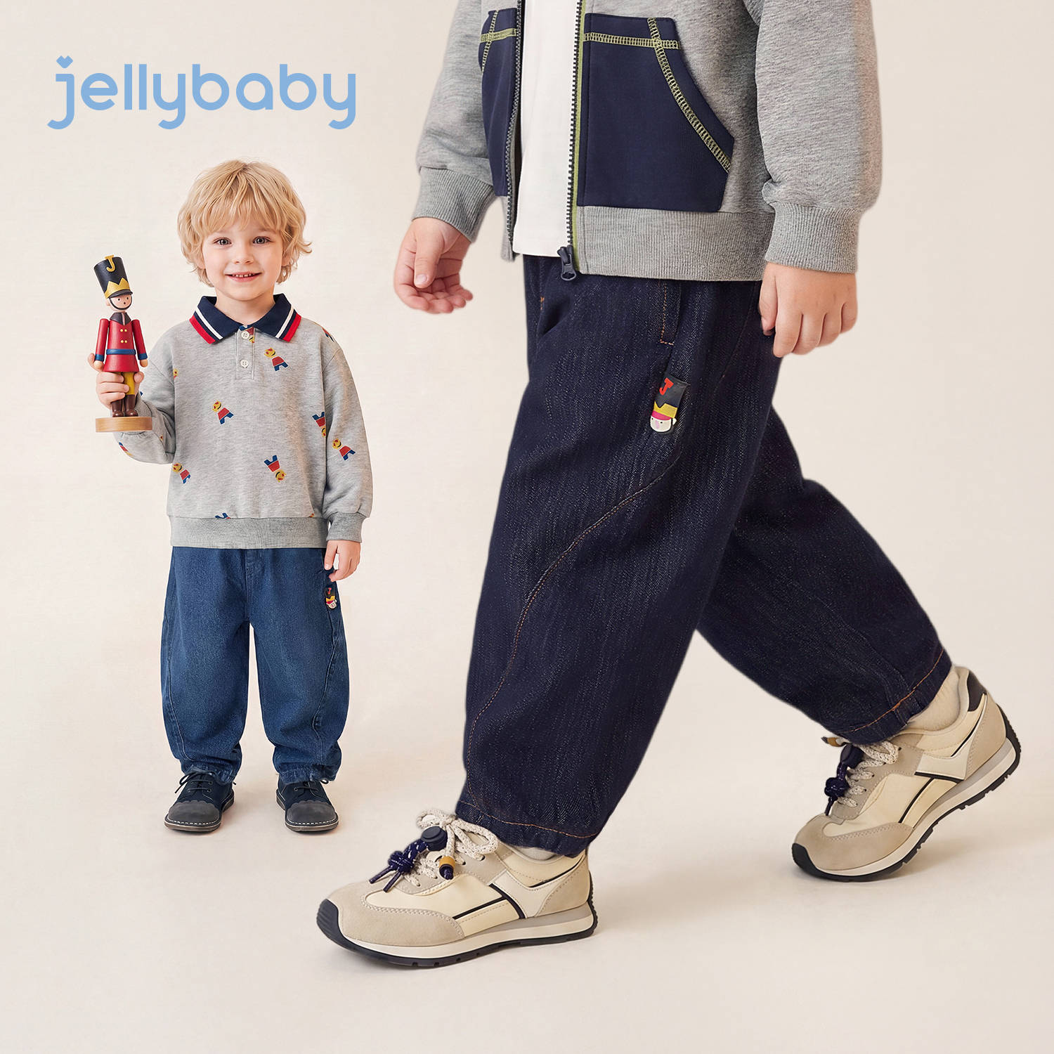 JELLYBABY【宽松软牛仔儿童长裤】新品秋款男童小童萝卜裤休闲裤出游 深牛仔蓝 110
