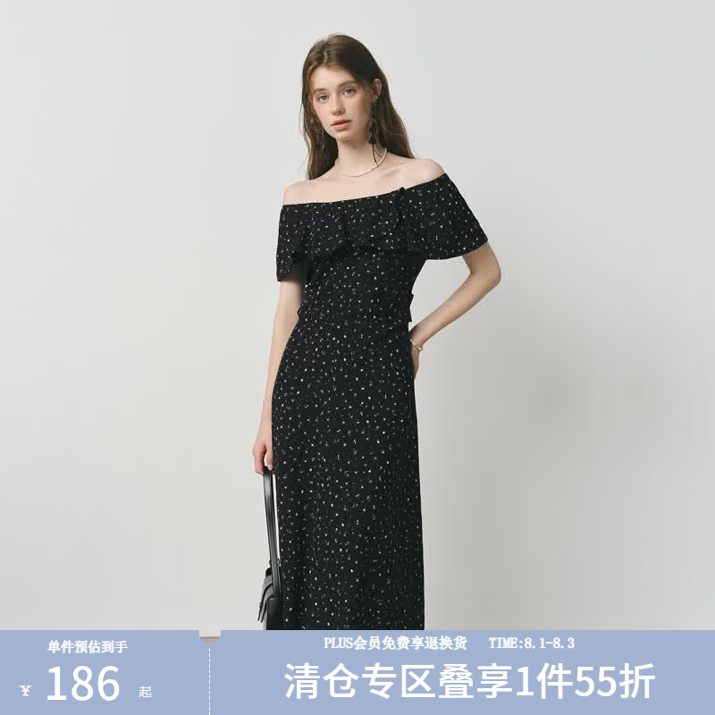 范思蓝恩法式气质荷叶边碎花连衣裙女夏季2025新款一字领裙子2885 黑色 L