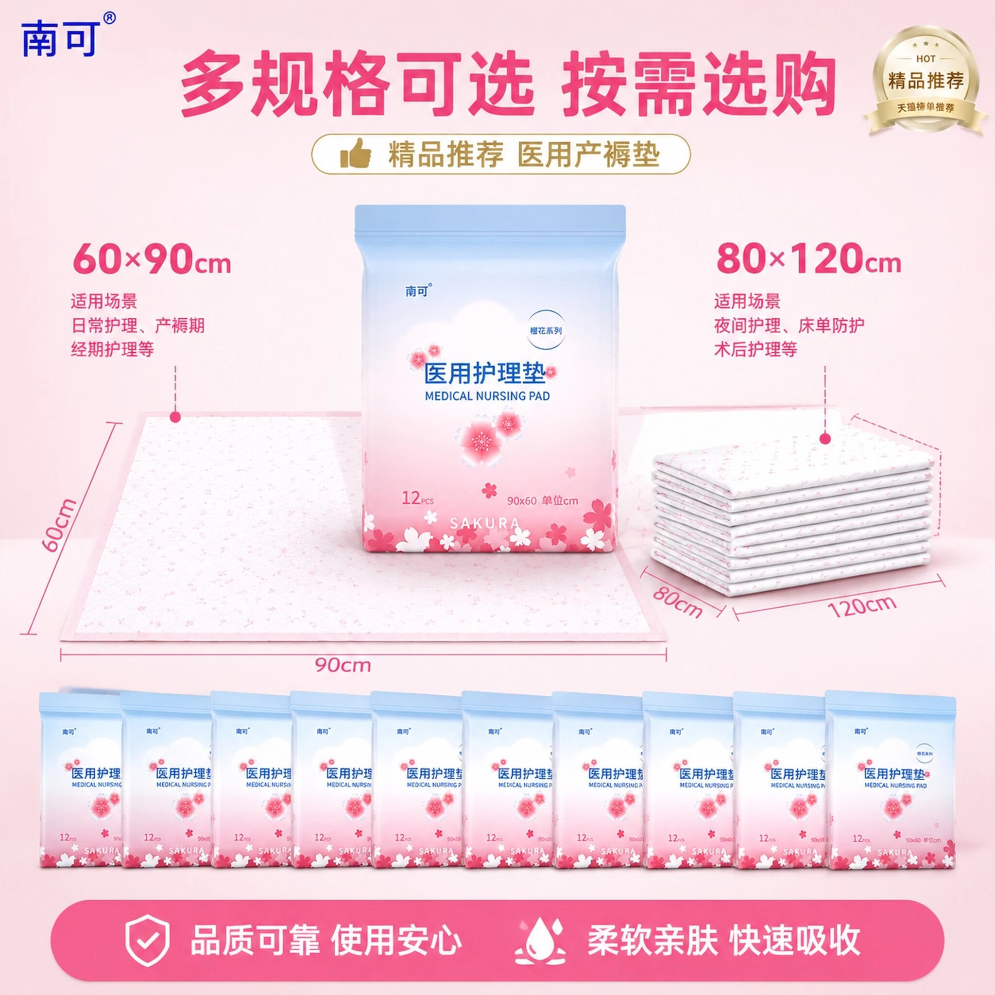 南可产褥垫产妇专用医用护理垫60x90一次性床单大号月经垫成人隔尿垫 加大加厚【80×120cm】5包50片