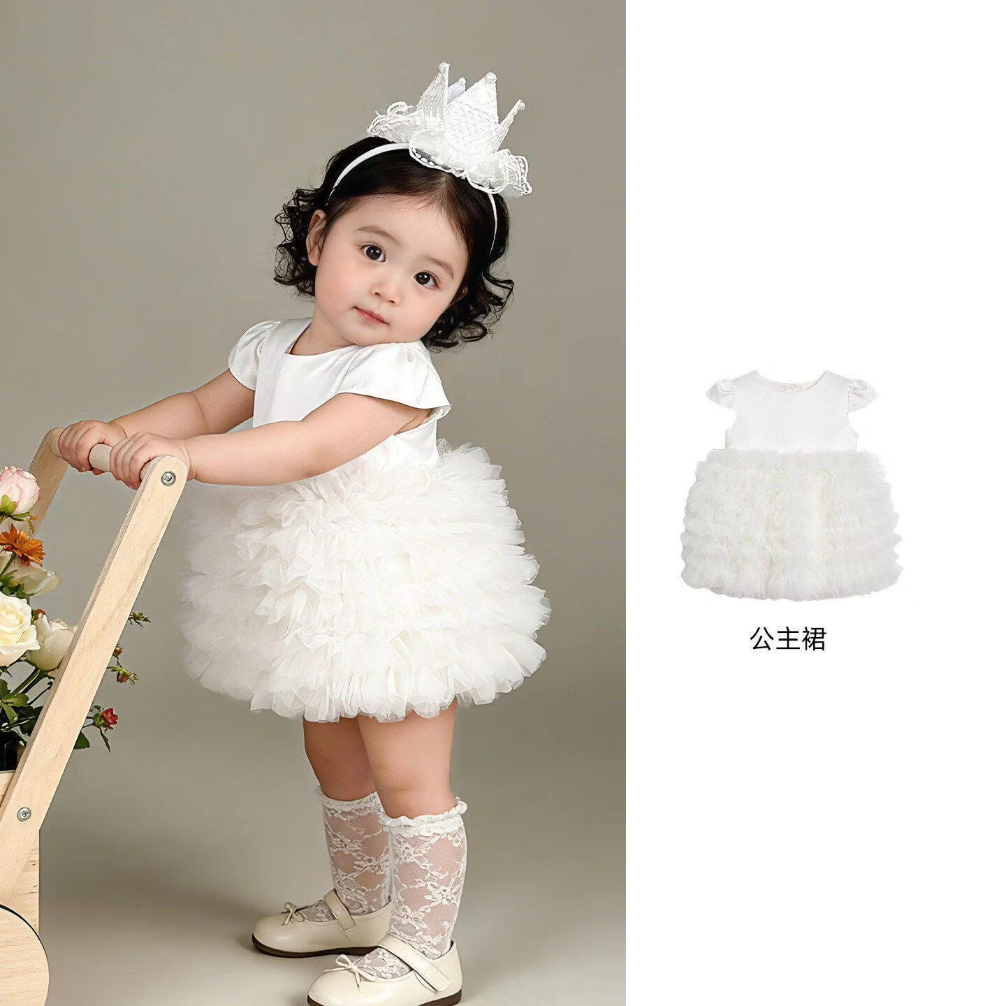 女宝宝公主裙周岁生日抓周礼服花童白色婚纱连衣裙女童短袖蓬蓬裙 白色蓬蓬裙-送头纱+送袜子 100 cm建议体重25-32斤身高90-100cm