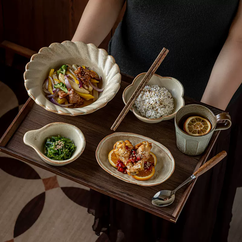 溥畔日式风一人食粗陶餐具不规则菜盘米饭碗蘸料碟咖啡杯套装 原木-托盘16英寸