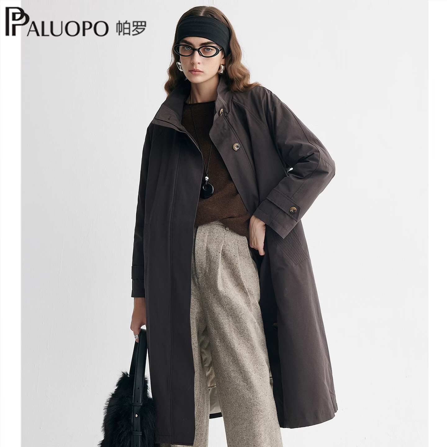 帕罗(PALUOPO)26秋冬新款复古风衣式轻薄羽绒服女可盐可甜收腰中长款羽绒外套 棕咖 L 165/88A