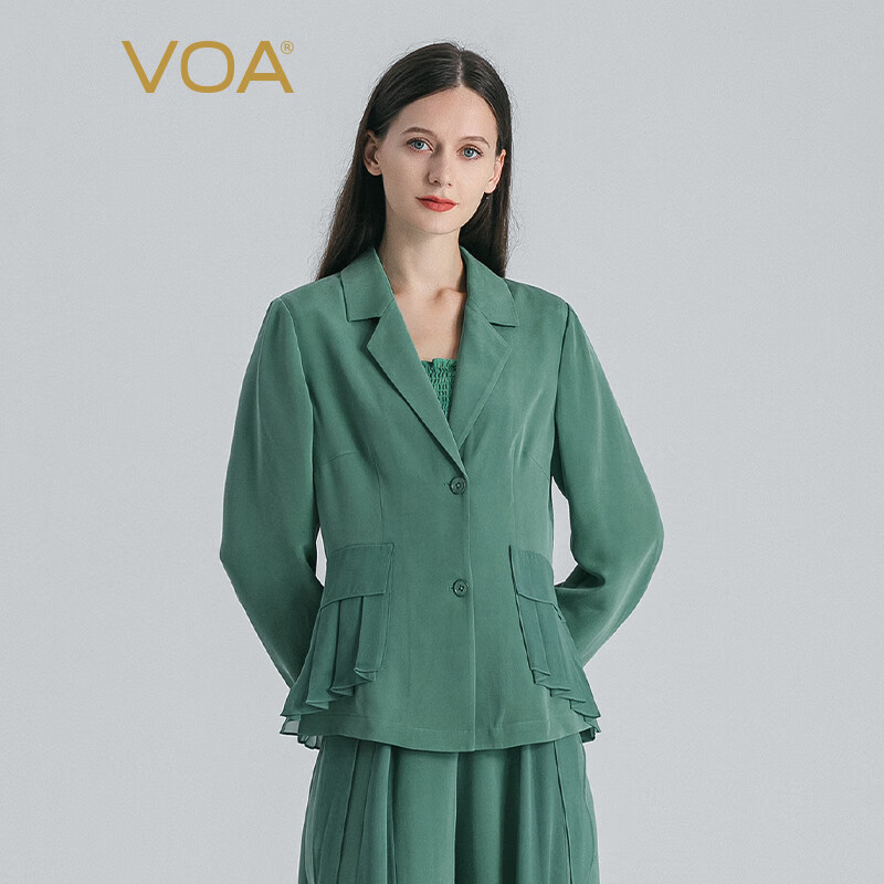 voa云杉绿30姆米重磅厚实桑蚕丝西装领长袖两粒扣原创真丝外套 we215