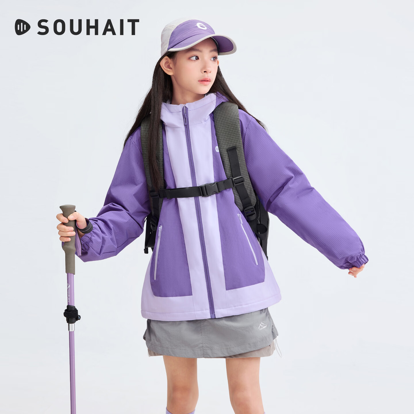 水孩儿童装儿童加绒外套2026秋冬新款女童保暖连帽外套男童拼色上衣 灵境紫 -290g/㎡厚绒保暖 150