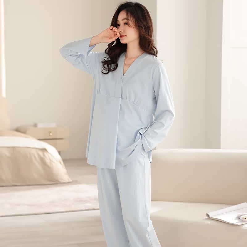ROVO月子服哺乳睡衣带胸垫怀孕期产后喂奶孕妇家居服套装 AM66763浅蓝 L