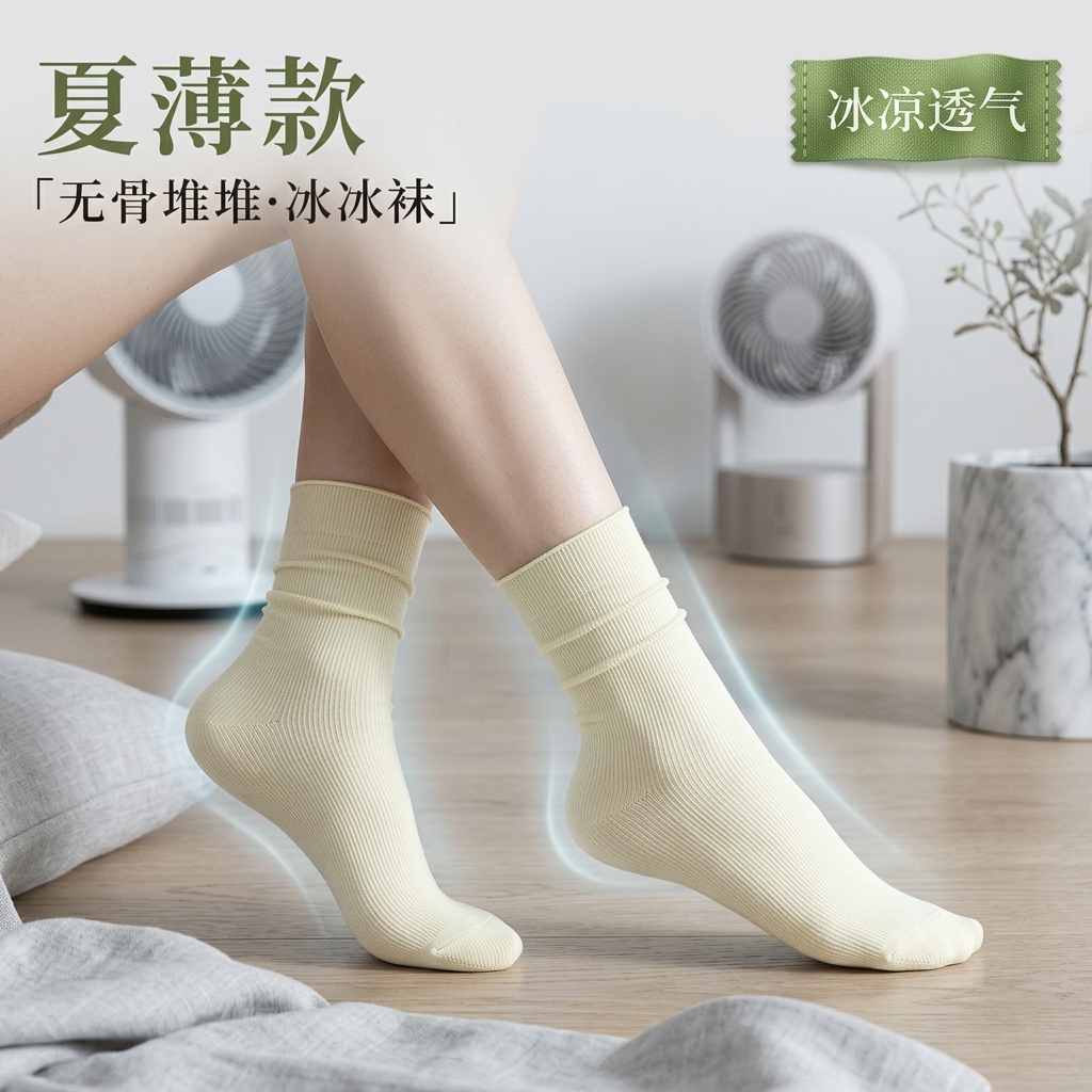 帆婷冰冰袜子女堆堆袜夏季薄款2026新款爆款夏天透气中筒冰丝黑色女士 夏季冰感堆堆袜【米白10双】 均码 精品卡纸包装