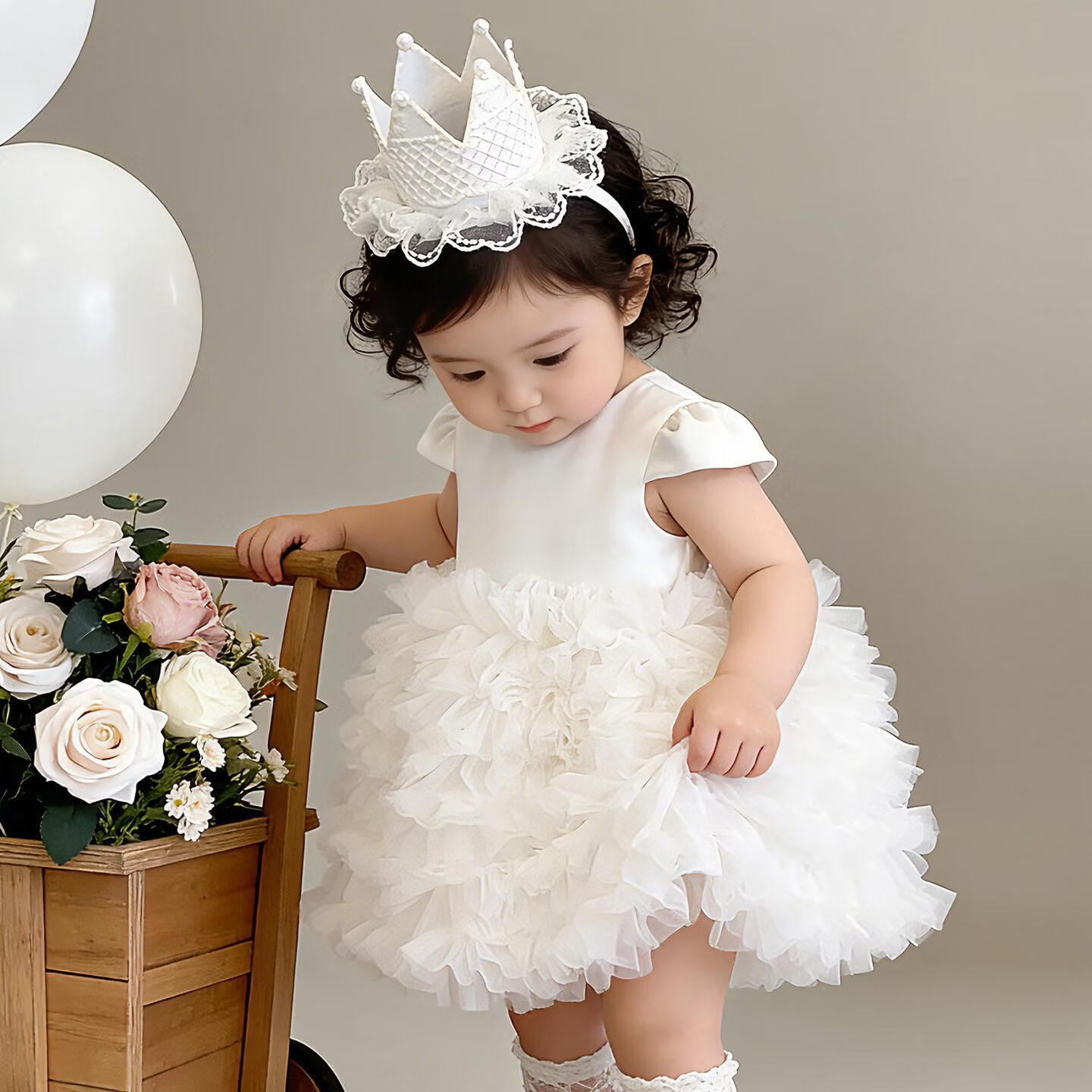 女宝宝公主裙周岁生日抓周礼服花童白色婚纱连衣裙女童短袖蓬蓬裙 白色蓬蓬裙-送头纱+送袜子 100 cm建议体重25-32斤身高90-100cm