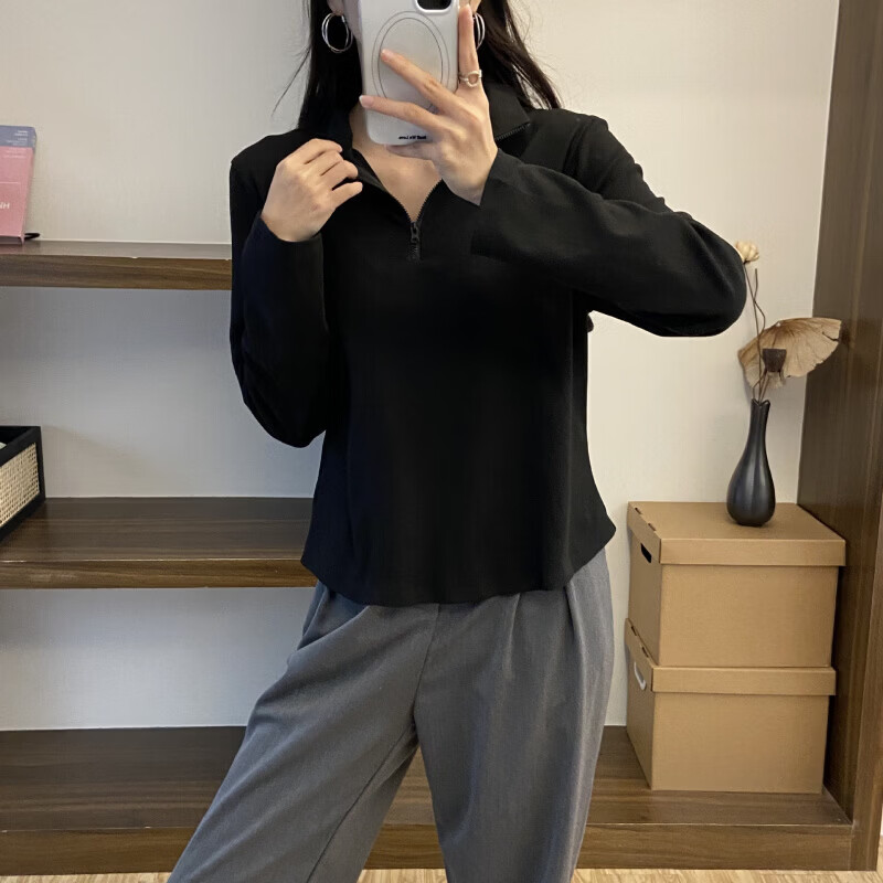 有只绵秋季新款宽松大码女装小立领内搭拉链纯色长袖卫衣2026打底衫修身 黑色【立领】 M 【80-100斤】