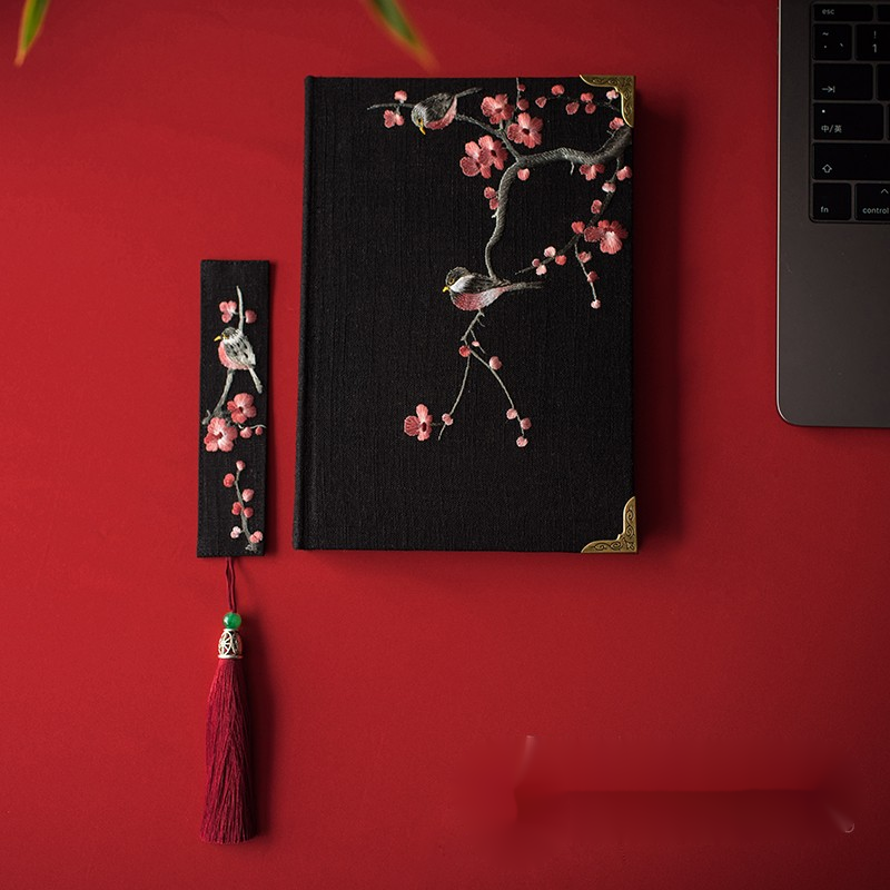 账本文艺笔记本布艺绣花本子中国风旅行记事本教师节礼物 黑色梅花