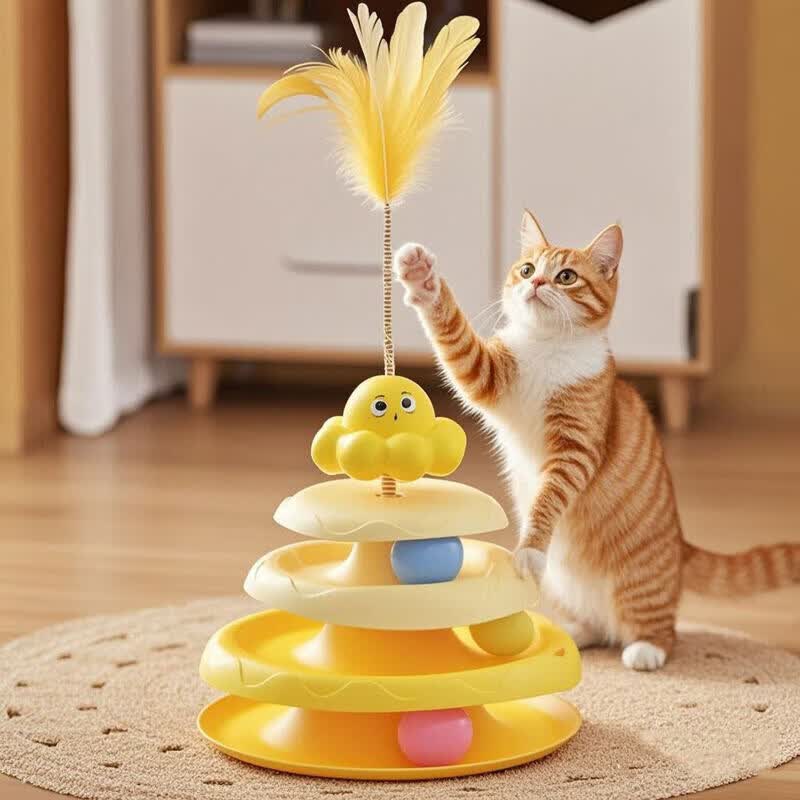 GERTHRON猫转盘猫咪玩具羽毛轨道球小猫自嗨解闷神器自动逗猫棒幼猫专用 黄色款猫转盘逗猫棒一体 底部防滑   轻松征服大力喵