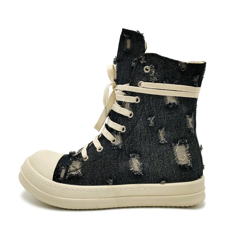 轩予欧美风破洞牛仔布帆布男鞋高帮鞋黑白奶香男女厚底鞋子 灰色 34女