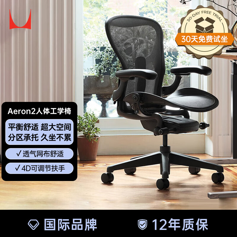 赫曼米勒（HERMAN MILLER）Aeron2石墨黑大号 人体工学椅电脑椅办公椅 整椅免装