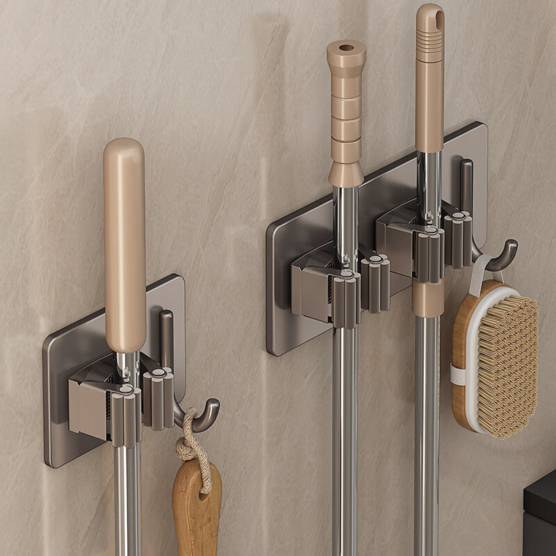 拖把挂钩免打孔壁挂卫生间收纳扫把固定器挂架强力粘胶拖布夹 304不锈钢单拖把架-枪灰色*2