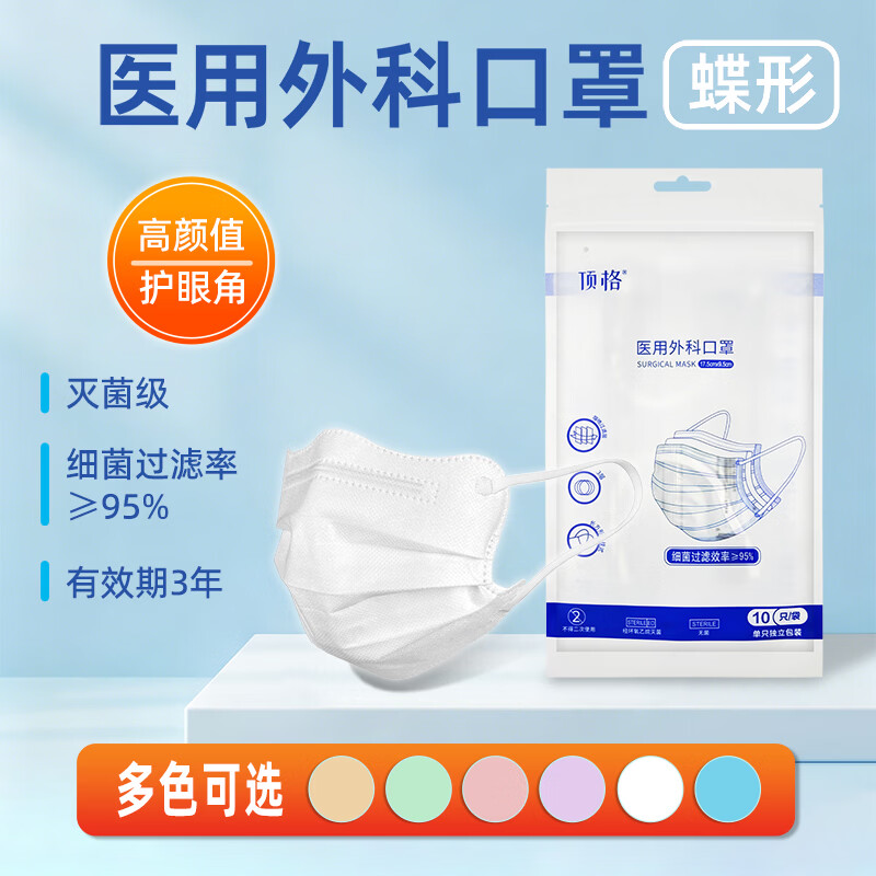 顶格蝶形医用外科口罩一次性口罩独立包装灭菌级10只透气不勒耳颜值 蝶形白色【灭菌级】10只*18袋