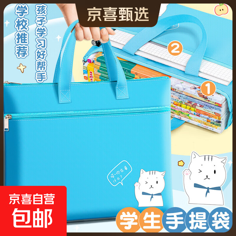 小学生补习袋手提拎书袋子帆布文件袋儿童补习袋男孩可爱补课包女生补习班书包作业学习袋美术袋 蓝色萝卜兔