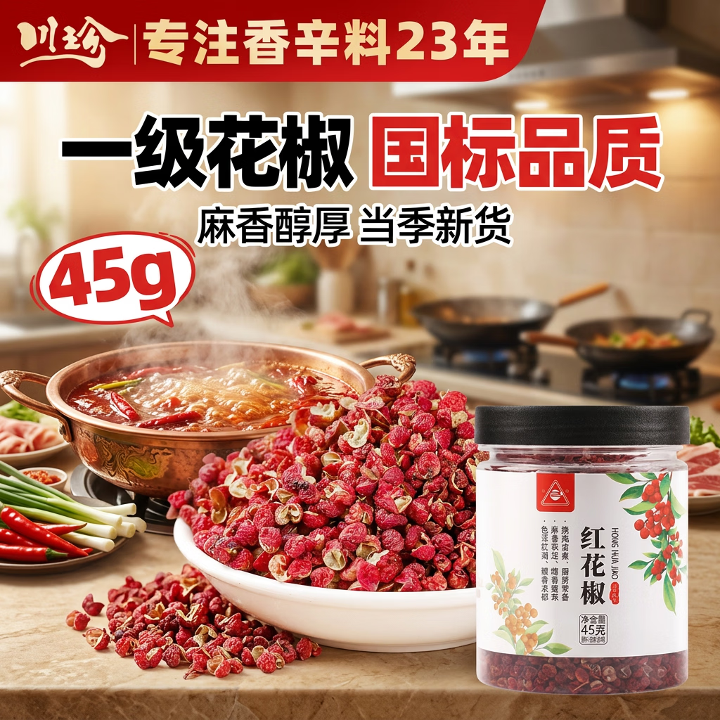 川珍一级红花椒45g罐装【配料干净】麻椒粒特麻四川火锅炒菜调料香料