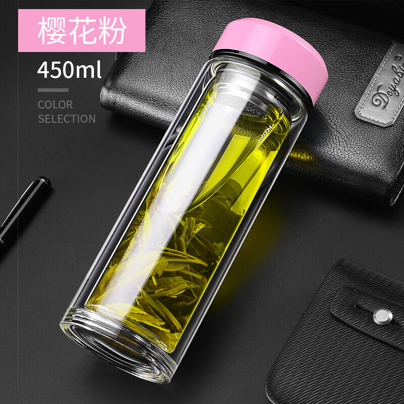 玻璃杯双层水杯男士新款家用耐高温茶水分离杯大容量泡茶杯子 湘妃粉加厚450ml