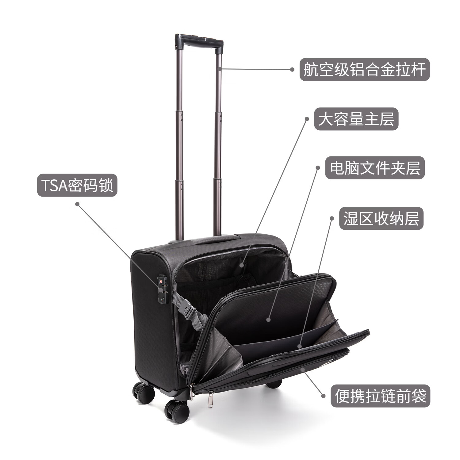 Walker Shop行李箱男款牛津布拉杆箱商务登机箱小型号出差密码万向轮旅行箱女 黑色 18英寸 登机箱【可放15.6寸电脑】