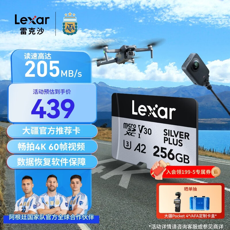 雷克沙（Lexar）256GB TF(MicroSD)存储卡 V30 4K 读205MB/s 大疆Pocket 4P官方推荐 影石Luna内存卡(SILVER PLUS)