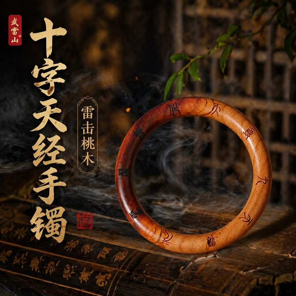 武当山雷击桃木手镯木雕雕刻九字真言十字天经男女款手环中秋礼品文玩 花色十字天经