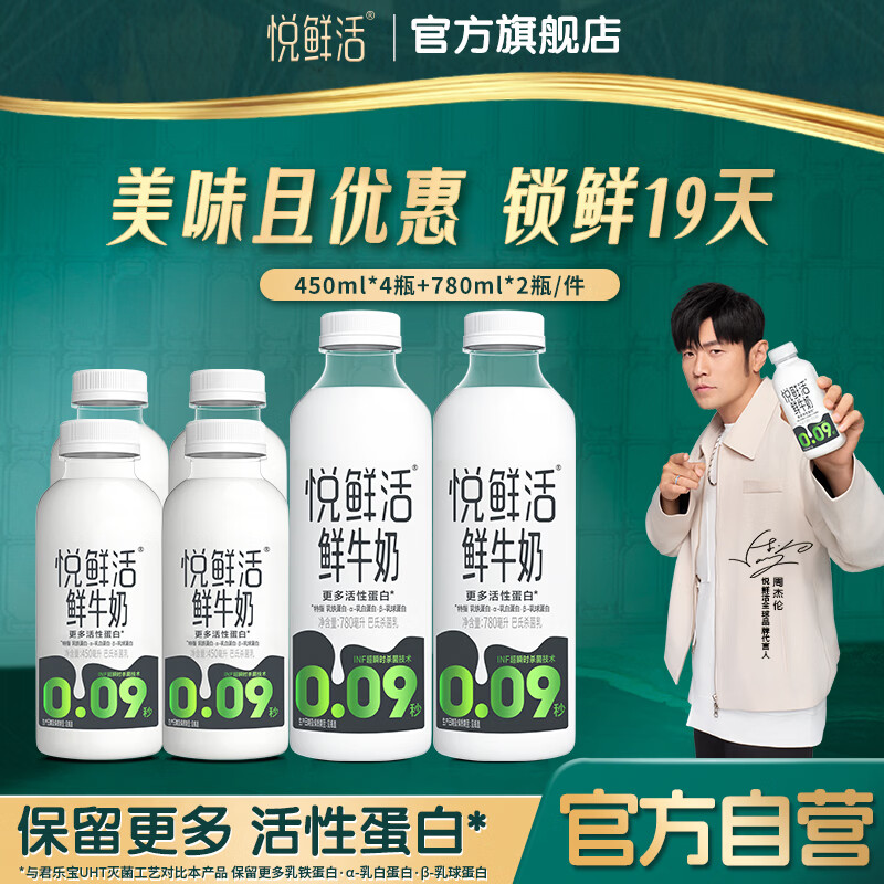 悦鲜活鲜牛奶组合装49.9元到手，450ml*4瓶+780ml*2瓶超值囤货
