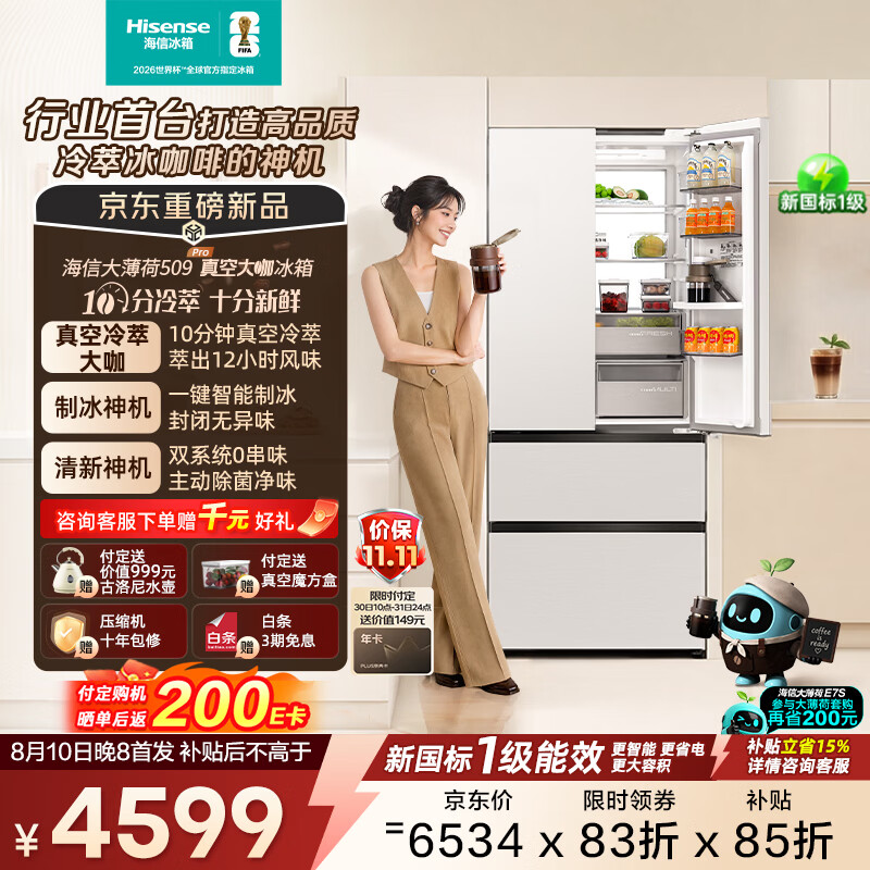 海信大薄荷509Pro【真空大咖】法式多门冰箱自动制冰10min冷萃咖啡茶除菌超薄零嵌入BCD-509E7SFZSD白