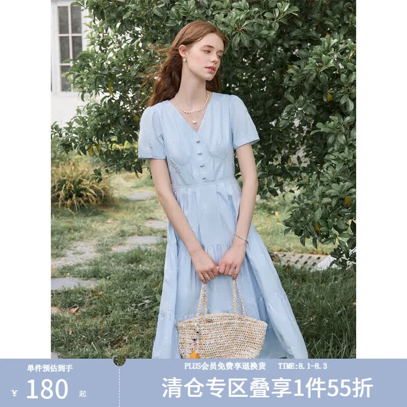 范思蓝恩V领减龄纯色全棉刺绣a字连衣裙女夏季2025新款裙子2233 蓝色 M