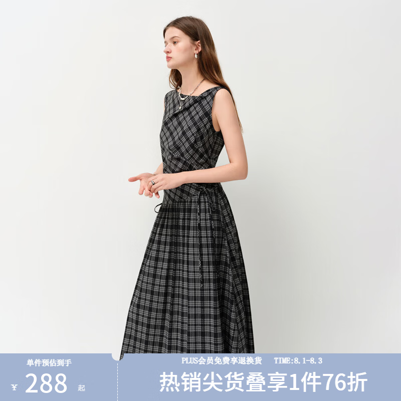 范思蓝恩【章若楠同款】腰精裙一字领格子无袖连衣裙女夏季小个子连衣裙 黑色格子 M