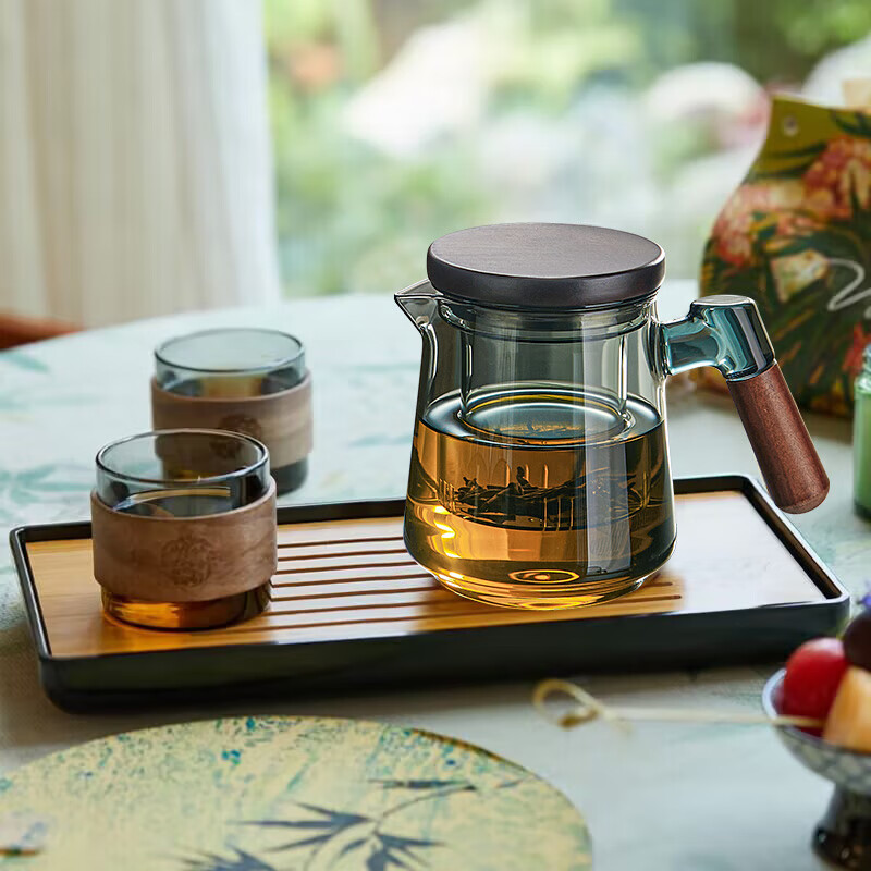 忆壶茶（YIHUTEA）整套茶具泡茶壶套装玻璃茶杯茶水分离煮茶器办公室懒人杯子带茶盘 【含托盘】轻奢黑 壶+木圈2杯 4件