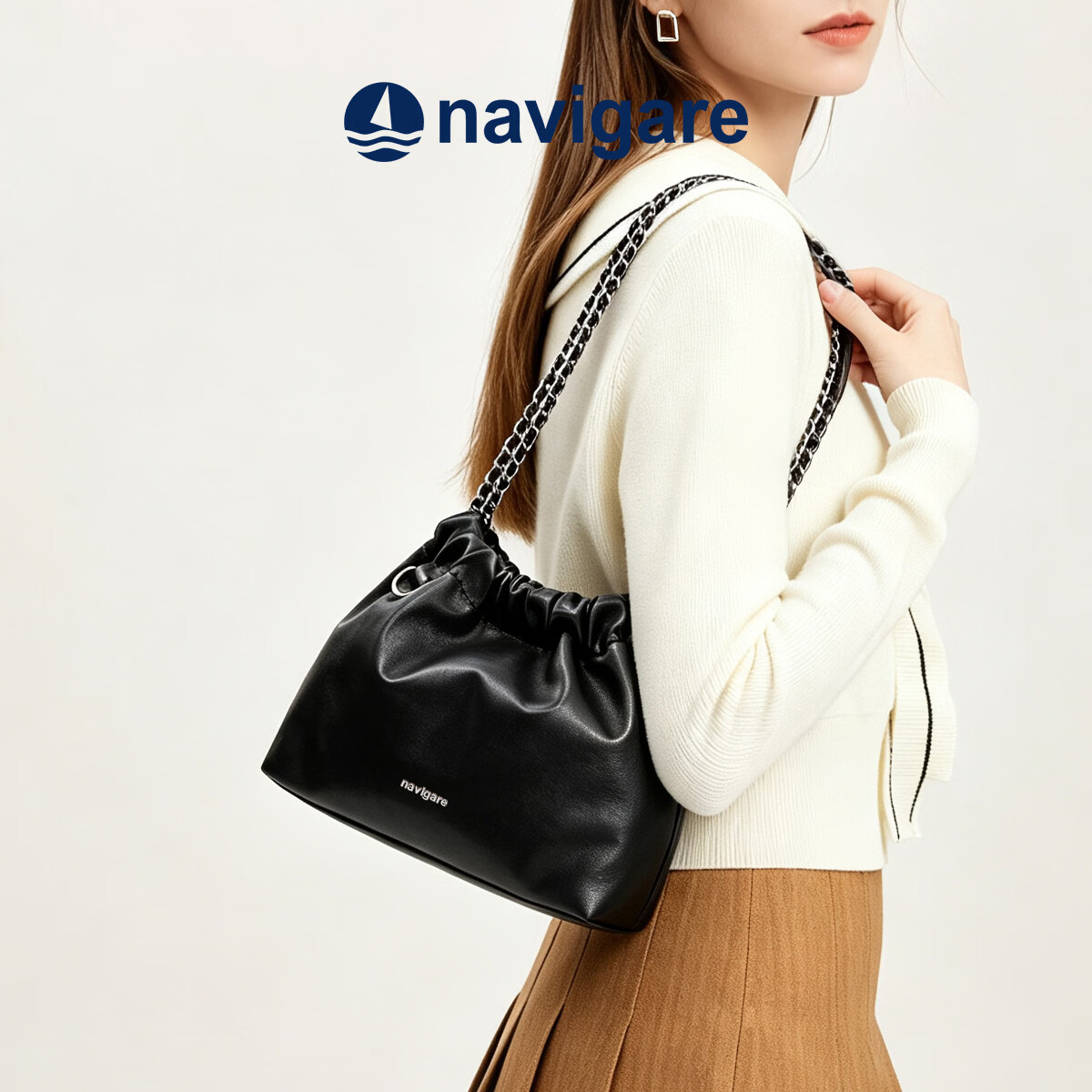 纳维凯尔（Navigare）【爆】意大利小帆船时尚女包大牌复古链条褶皱潮流小众设计水桶包 黑色