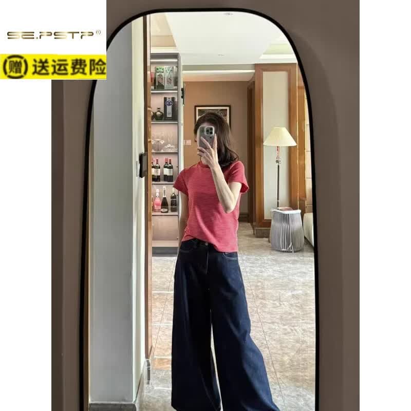 夏典素订女王(SE.PSTP)棉柔软条纹T恤女夏季新款修身显瘦短袖打底衫红条子上衣体恤ins潮 红色条舒适面料 XL 建议121-130斤