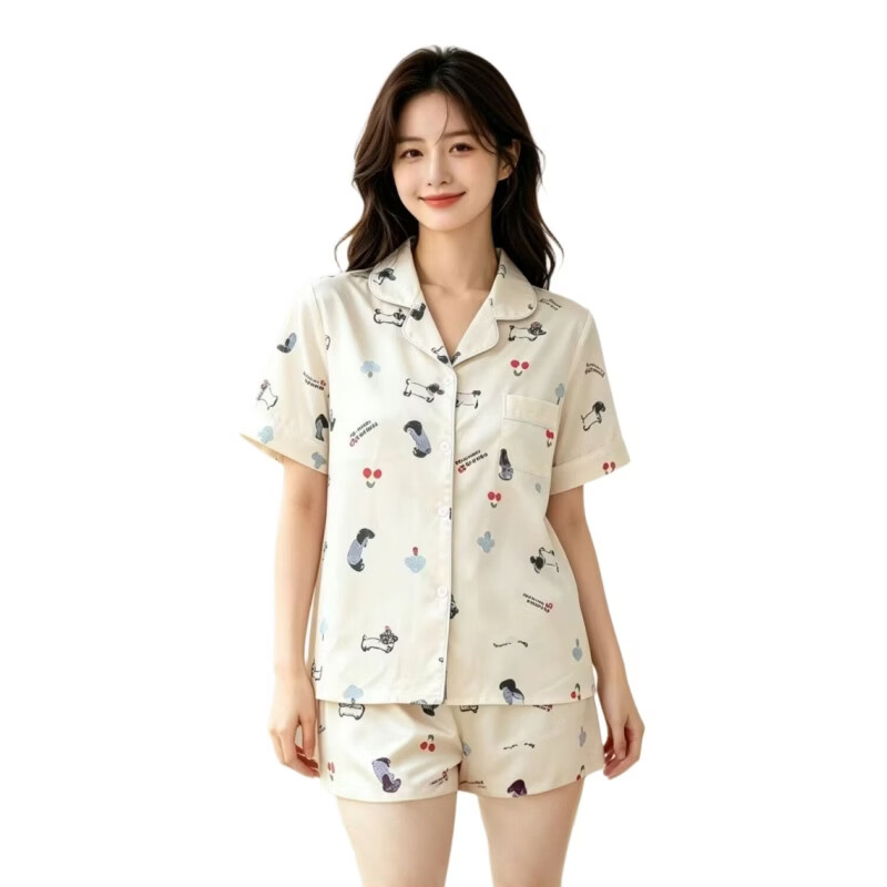 JDAIHD睡衣女夏季短袖卡通印花翻领开衫休闲可外穿家居服套装 2644 XL 120-140斤
