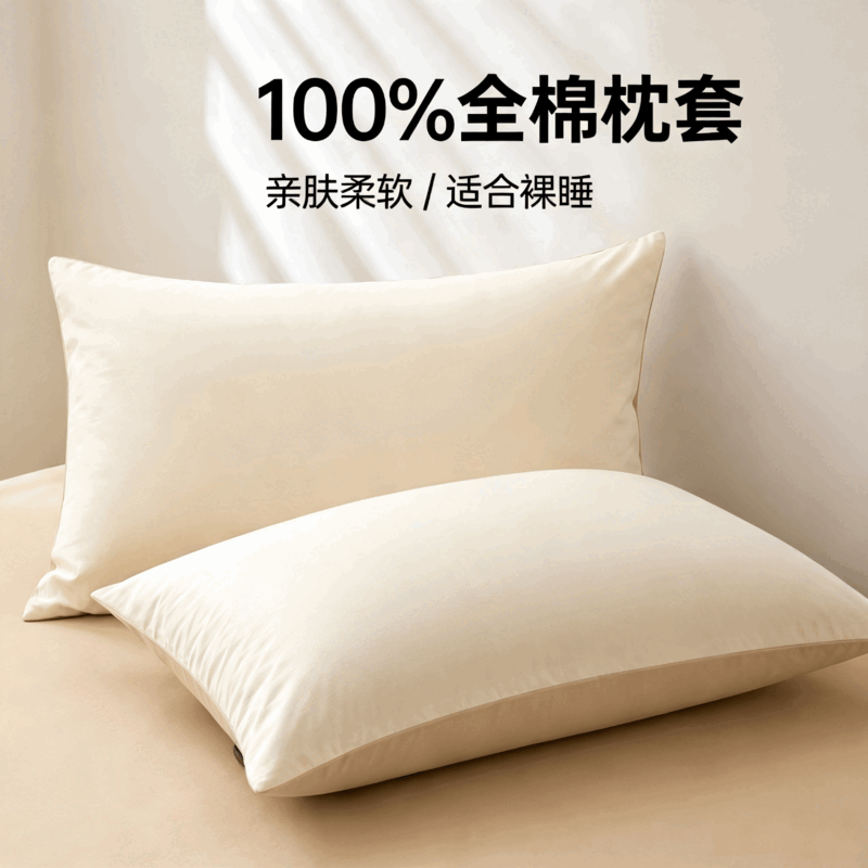 无印良品全棉纯棉枕套枕头套单人家用枕头罩套 本白拼奶茶色48*74cm【一只】 【全棉枕套】