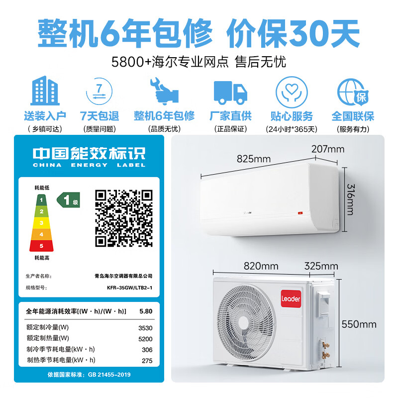 海尔出品统帅空调26款 超省电Max+大1.5匹挂式空调一 级能效外机双排纯铜管 国家补贴KFR-35GW/LTB2-1