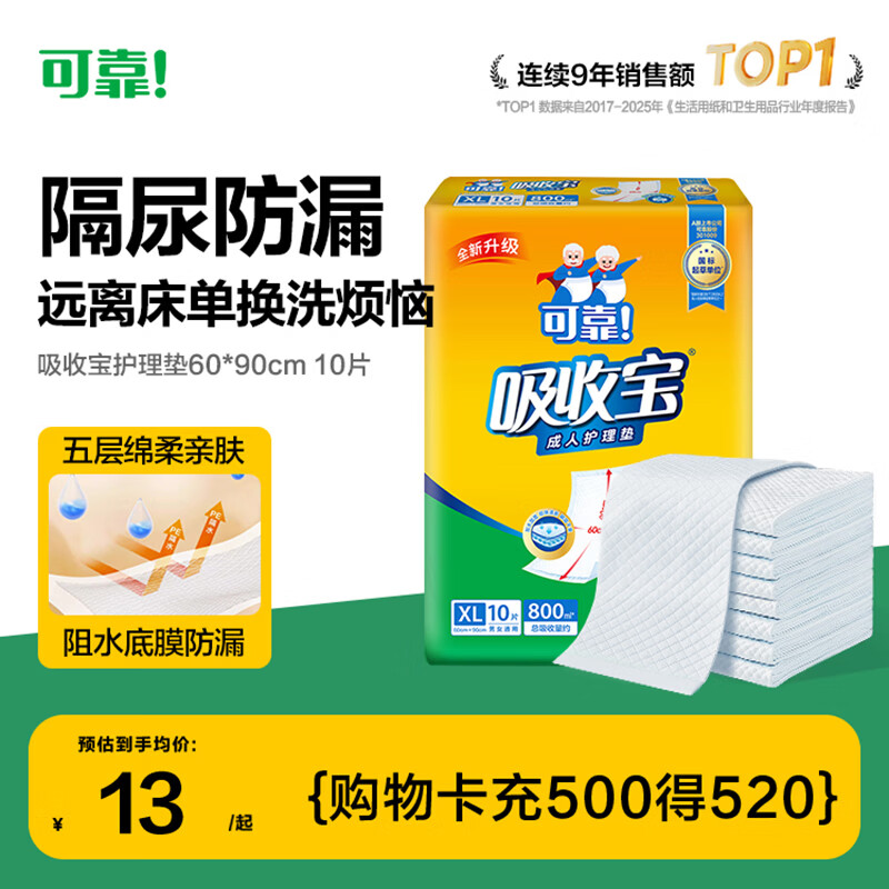 可靠（COCO）吸收宝成人护理垫XL10片(60*90cm)舒适防漏老年人隔尿垫产褥床垫