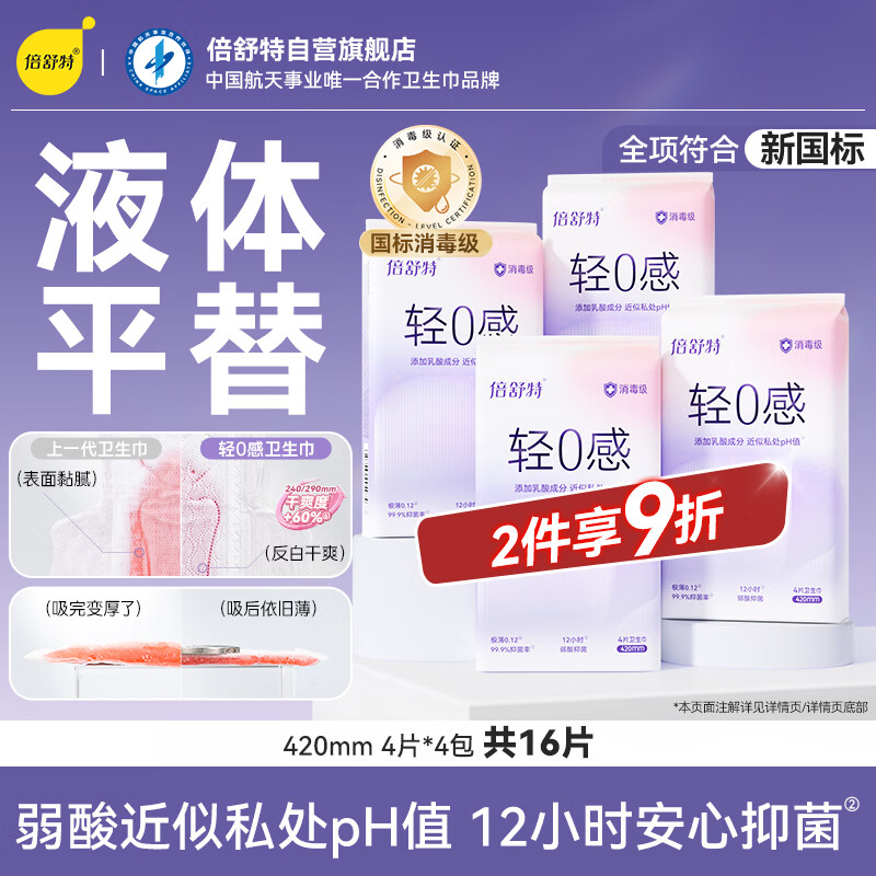 倍舒特轻0感夜用卫生巾420mm 16片,到手价23.8元 倍舒特轻0感夜用卫生巾420mm 16片,到手价23.8元