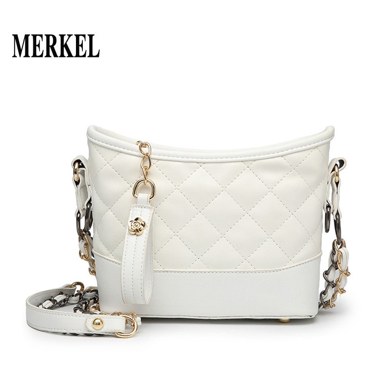 莫尔克(merkel)菱格双链条女士流浪包新款小香风黑白水桶包单肩斜挎