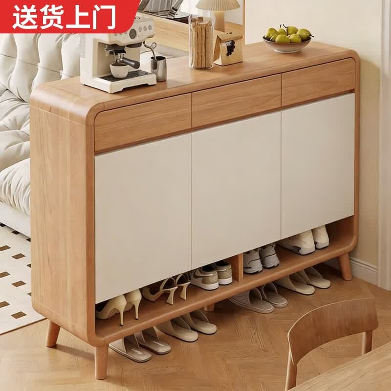 耐赛尔入户门鞋柜家用门口收纳柜一体靠墙2026新款原木奶油玄关走廊鞋架 【推荐】ENF实木芯-长100宽32高107cm三门|原木-带抽屉 送货上门-自行安装