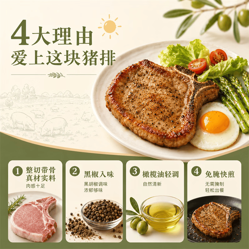 顶诺橄榄油轻调黑椒猪排半成品带骨大排猪扒空气炸锅食材商用 橄榄油黑椒猪排100g*10