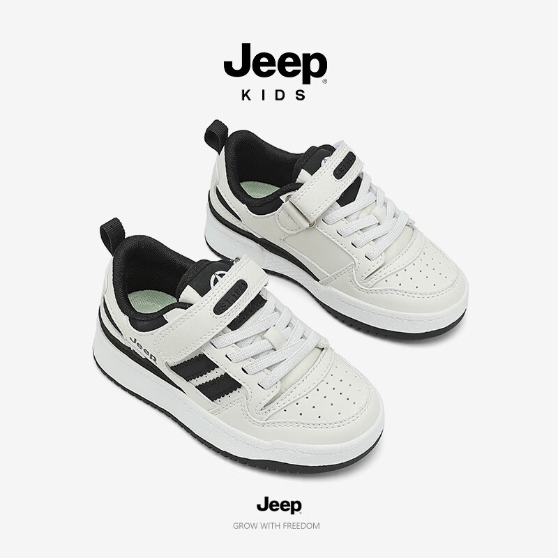 JEEP2026秋季新款魔术贴低帮休闲儿童百搭校园网面运动鞋板鞋 白黑 33