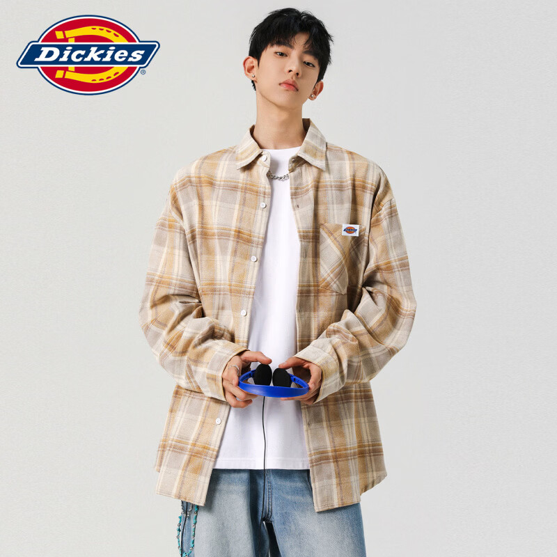 Dickies港式复古休闲长袖衬衫男士2026秋季新款宽松格子潮牌时尚上衣服装 黄色 【官方正品】 XL 【建议130-150斤】