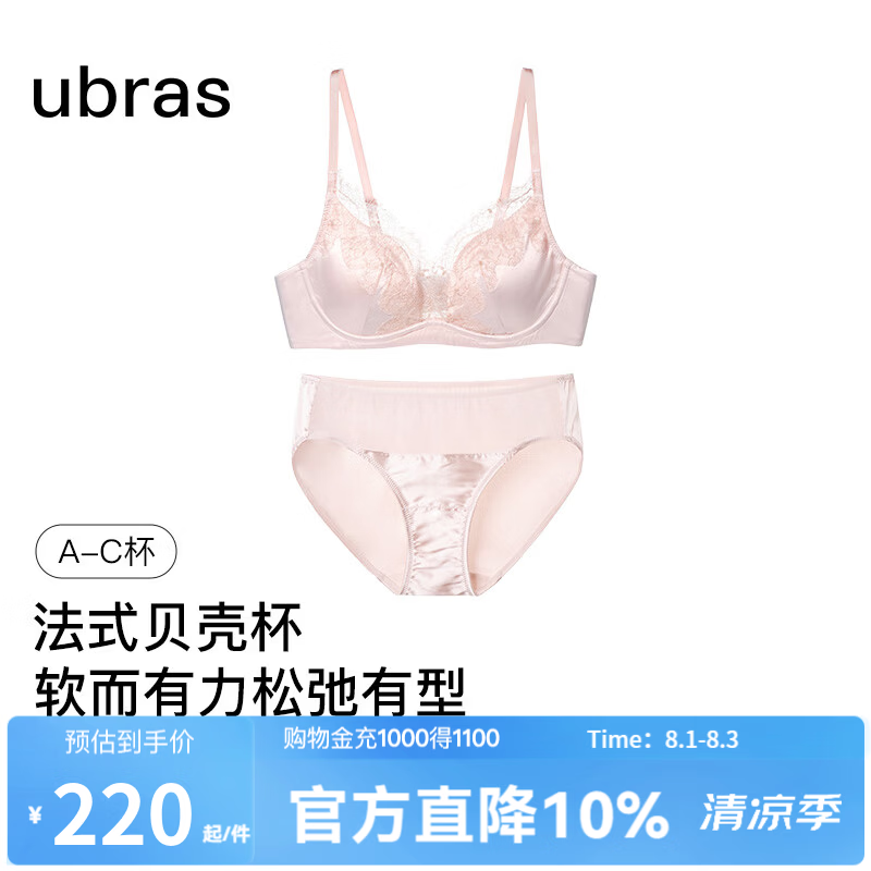 ubras王妃蕾丝法式文胸罩套装聚拢性感缎面高级感蕾丝无钢圈内衣女夏 【套装】冷桃粉色 M  75A/75B